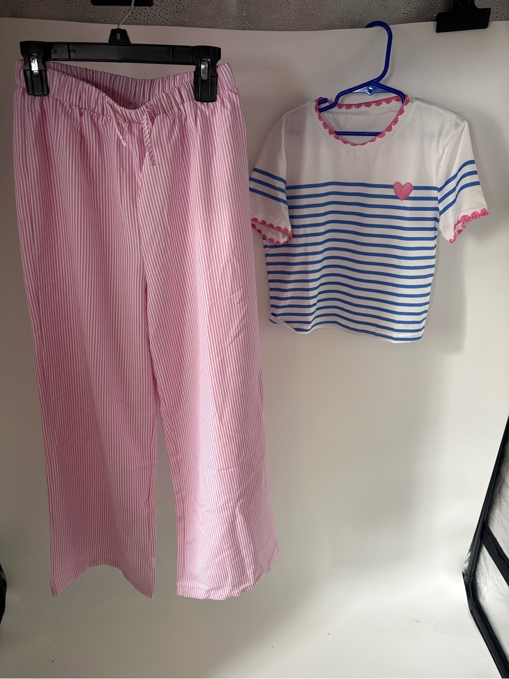 SHEIN White & Blue Striped Top with Pink Heart and Pink Striped Pajama Pants